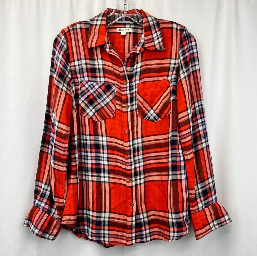 Merona Plaid Long Sleeve Collared Button Up Shirt Flannel Multicolor Medium Fall - Picture 1 of 5